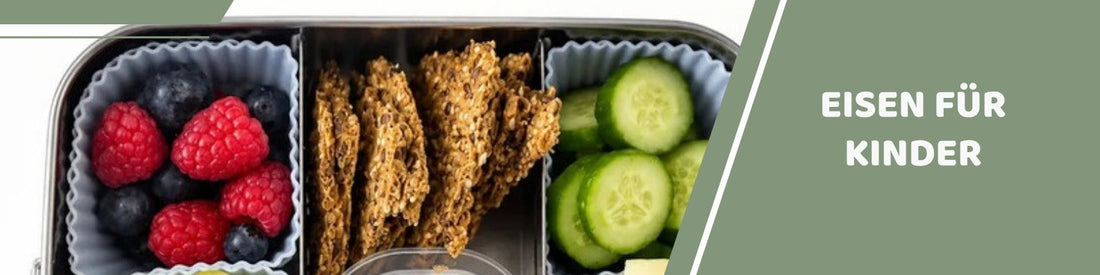 Bunte Brotdose mit Beeren und Gemüse, Banner: Eisen für Kinder