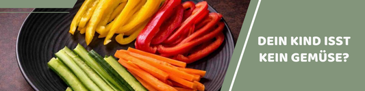 Buntes Gemuese-Tablett mit Paprika, Gurke und Karotten neben der Frage Dein Kind isst kein Gemuese
