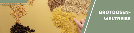 Brotdosen-Weltreise: Weltkarte aus Getreide und Huelsenfruechten als Symbol fuer die kulinarische Reise um die Welt
