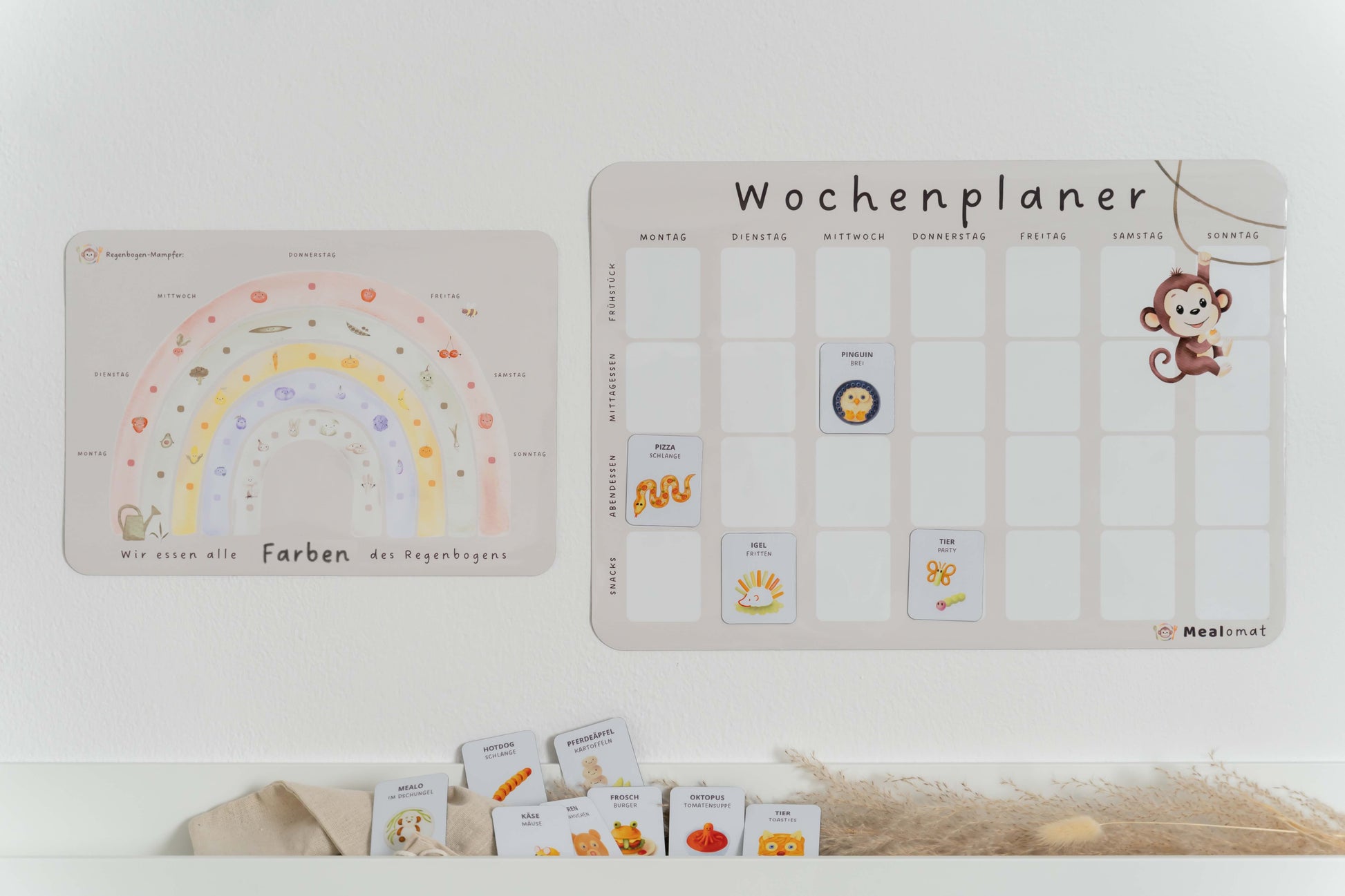 Mealomat Wochenplaner mit Tier-Rezepttafeln – modulares System für abwechslungsreiche Kinderernährung.