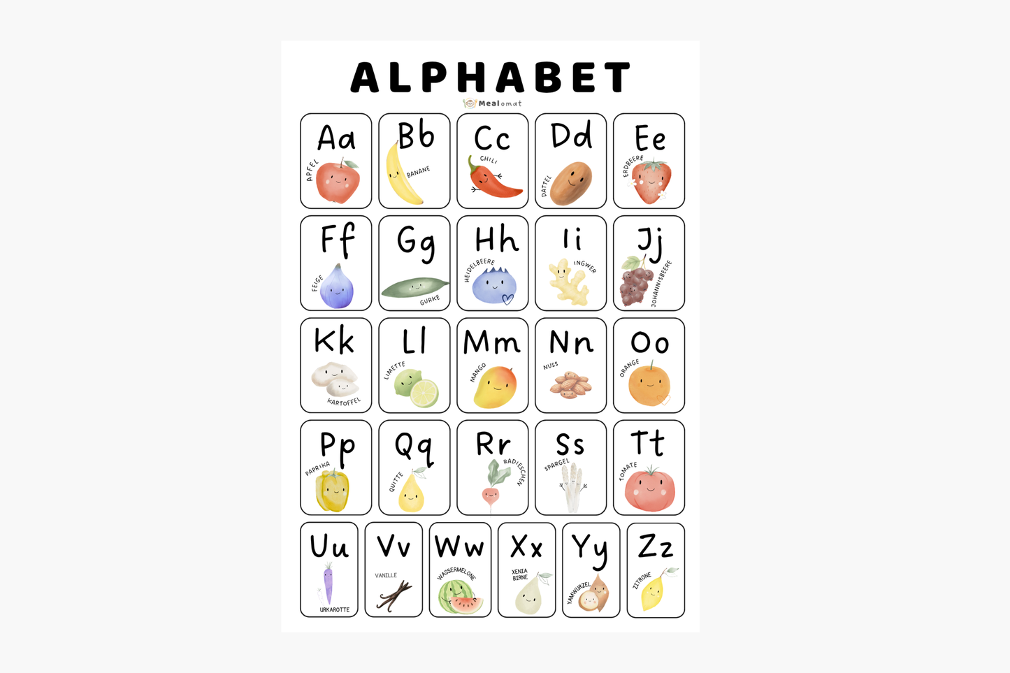 Mealomat Alphabet-Poster A3 – Aquarell-Illustrationen von A–Z mit Obst und Gemüse für Kinderzimmer.