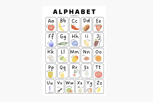 Mealomat Alphabet-Poster A3 – Aquarell-Illustrationen von A–Z mit Obst und Gemüse für Kinderzimmer.