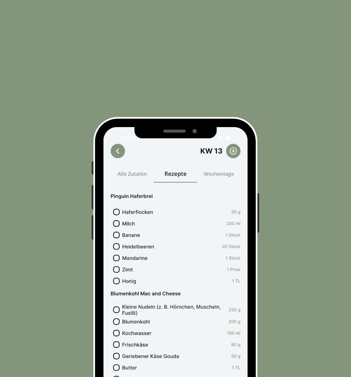 Die Mealomat Einkaufslisten-Funktion in der App. Eine übersichtliche, digitale Liste für den Familieneinkauf, bei der Lebensmittel nach Rezepten, Zutatengruppen, sowie Wochentragen sortiert sind.