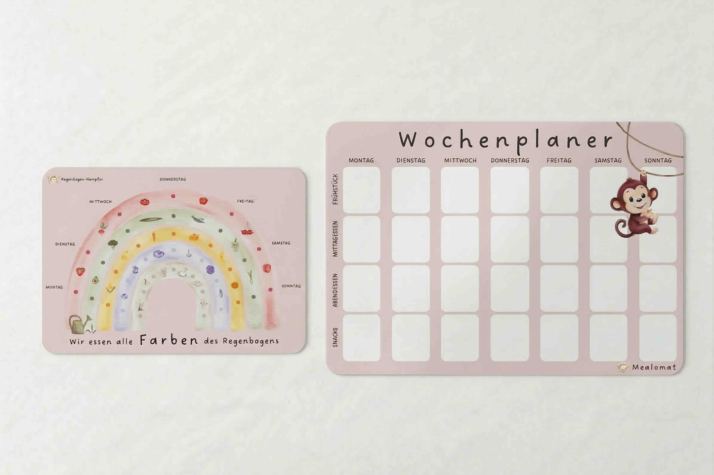 Mealomat Planungs-Set in Himbeer-Sorbet: Selbsthaftender Wochenplaner und Regenbogentracker an der Wand – das interaktive Montessori-System für spielerische Ernährungsbildung bei Kindern.