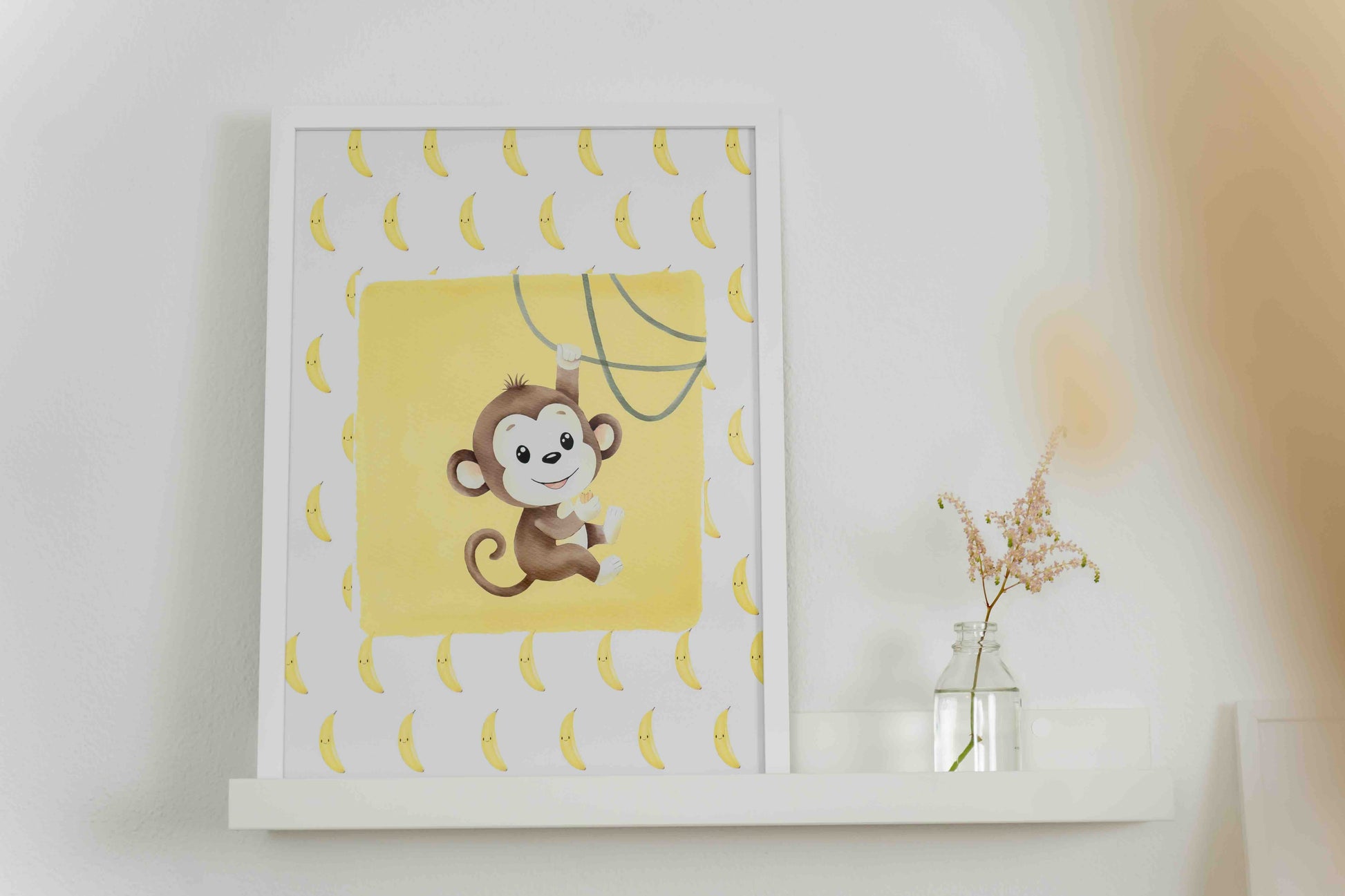 Mealomat-Poster: Maskottchen Mealo mit gelben Bananen – motiviert zur gelben Farbgruppe des Regenbogentrackers.
