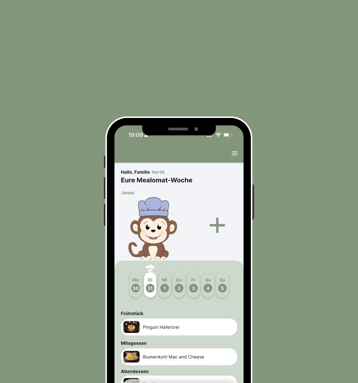 Die Benutzeroberfläche des Mealomat Wochenplaners in der App. Zu sehen ist eine übersichtliche Kalenderansicht für die gesamte Familie. 