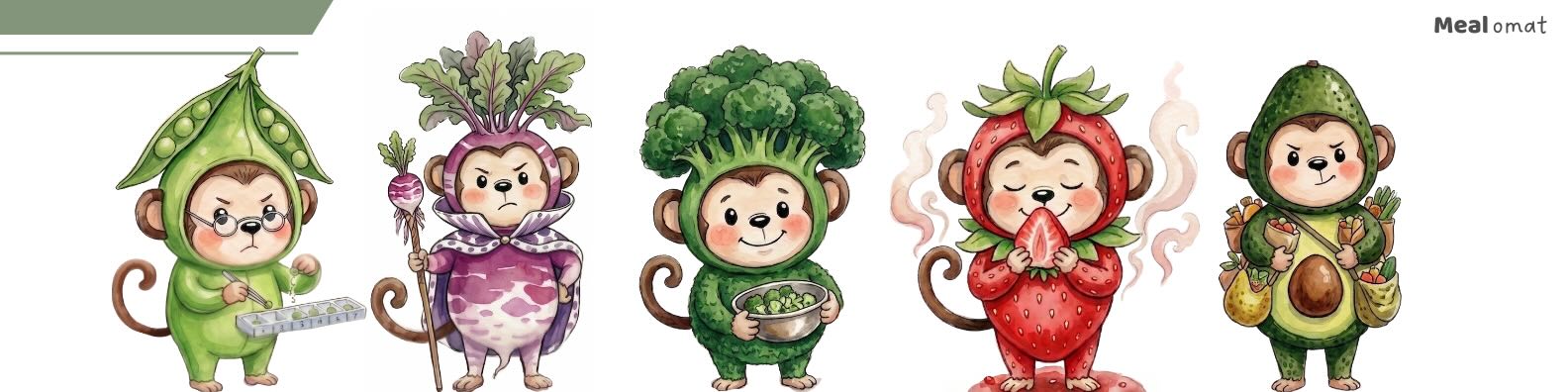 Die 5 Mealomat-Esstypen als illustrierte Mealo-Figuren: der Vorsichtige, der Bestimmer, der Treue, der Sinnliche und der Snack-Sammler